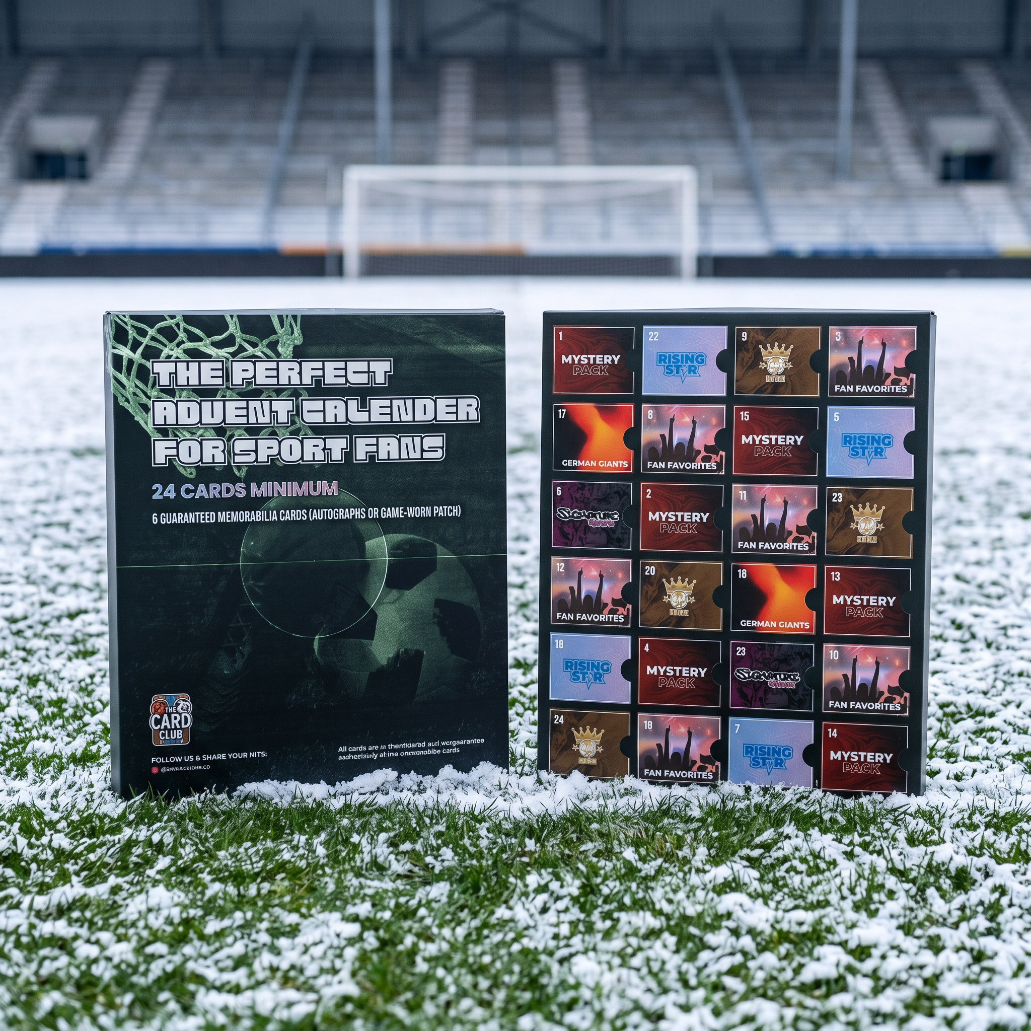 Adventskalender Vorder- und Rückseite auf dem verschneiten Fußballplatz