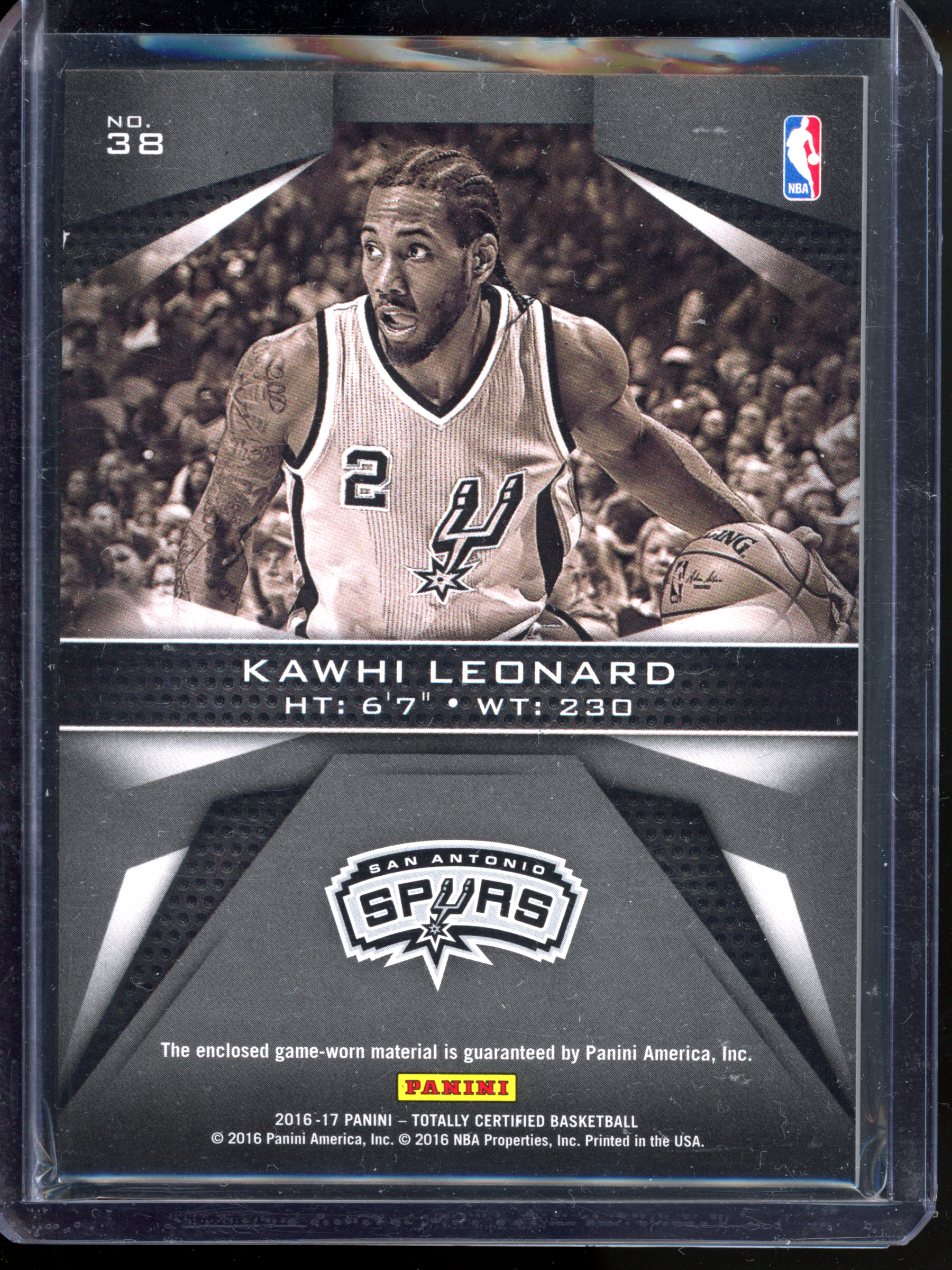 Kawhi Leonard - Game-worn jersey - Limited to 25 | 2016-17 Panini Totally Certified Fabrics of the Game