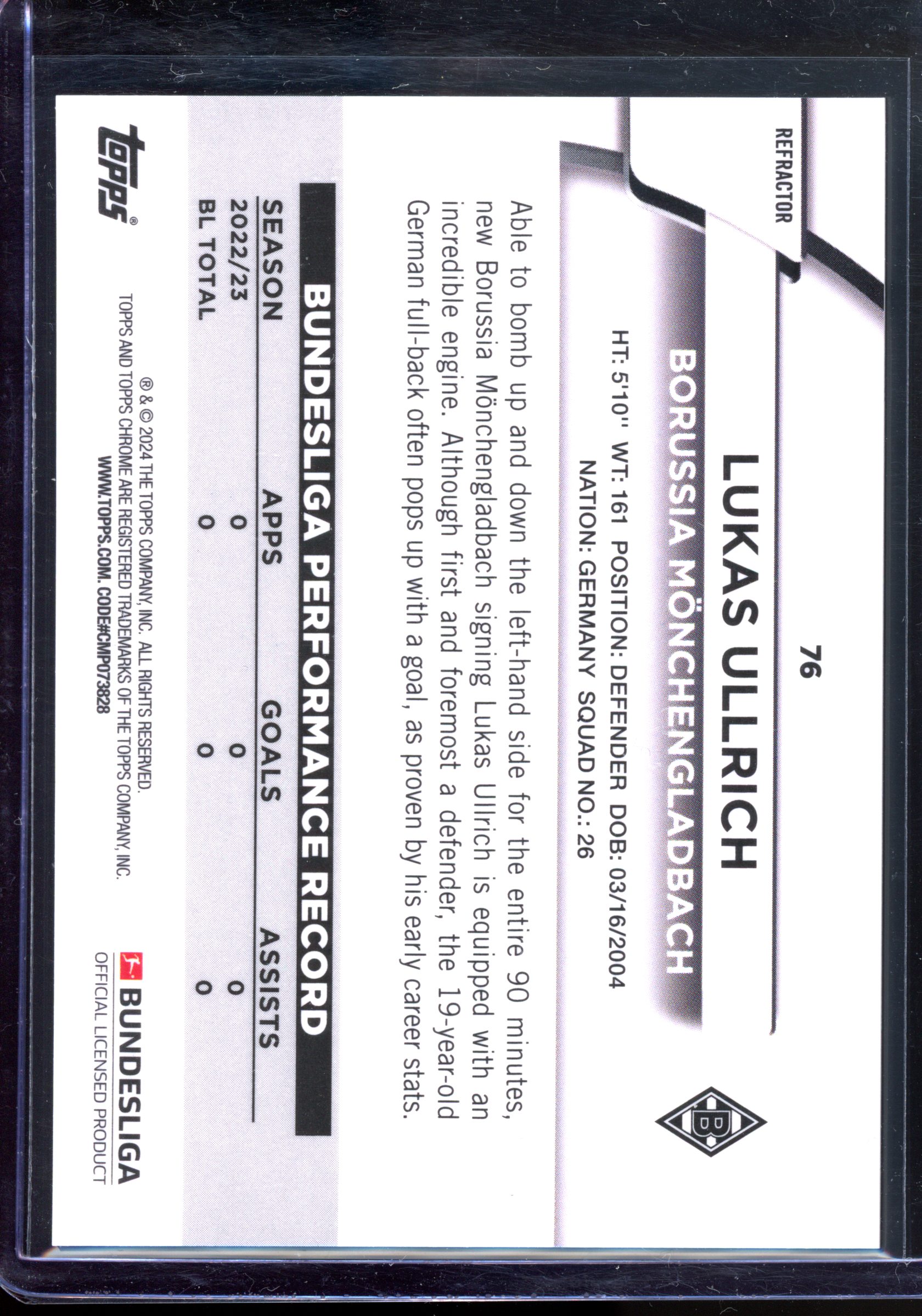 Lukas Ulrich Checkerboard Rookie - Limited to 250 | 2024 Topps Chrome Bundesliga