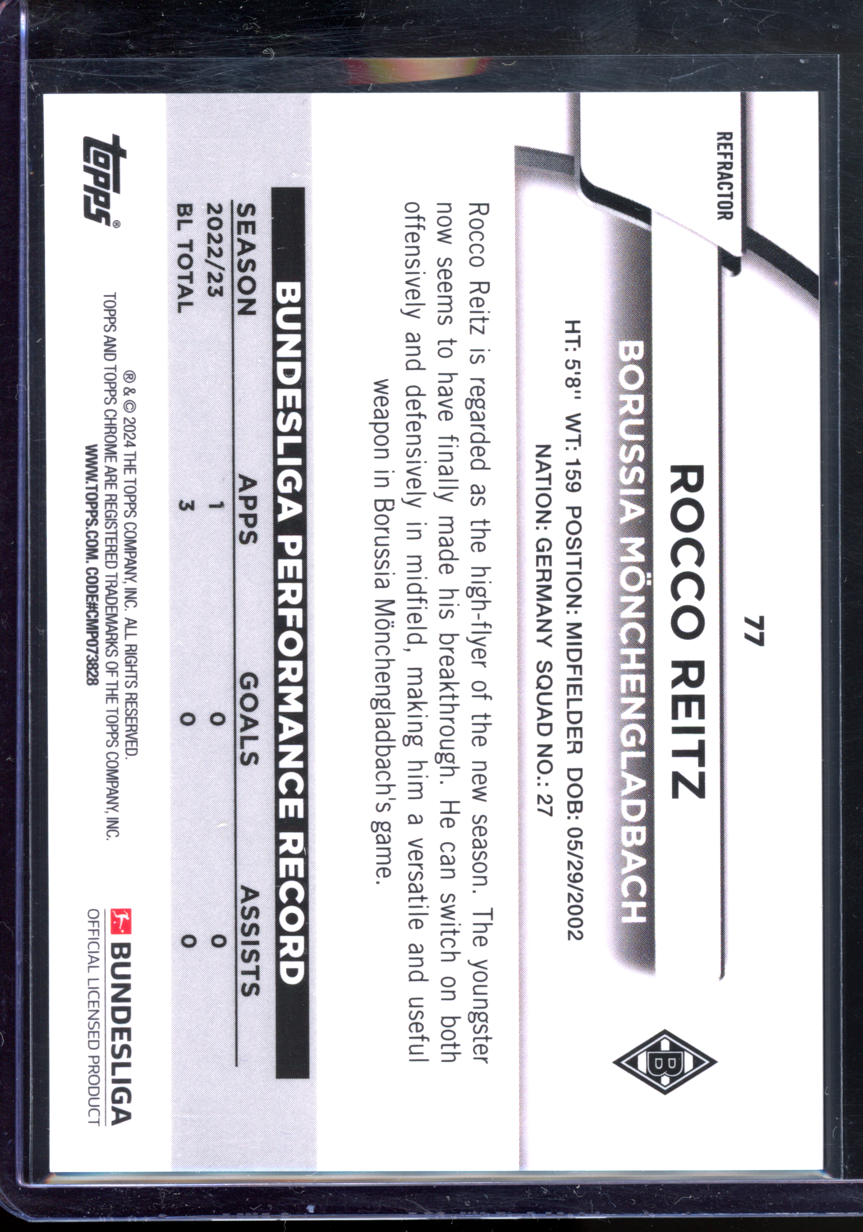 Rocco Reitz Green Rookie - Limited to 275 | 2024 Topps Chrome Bundesliga