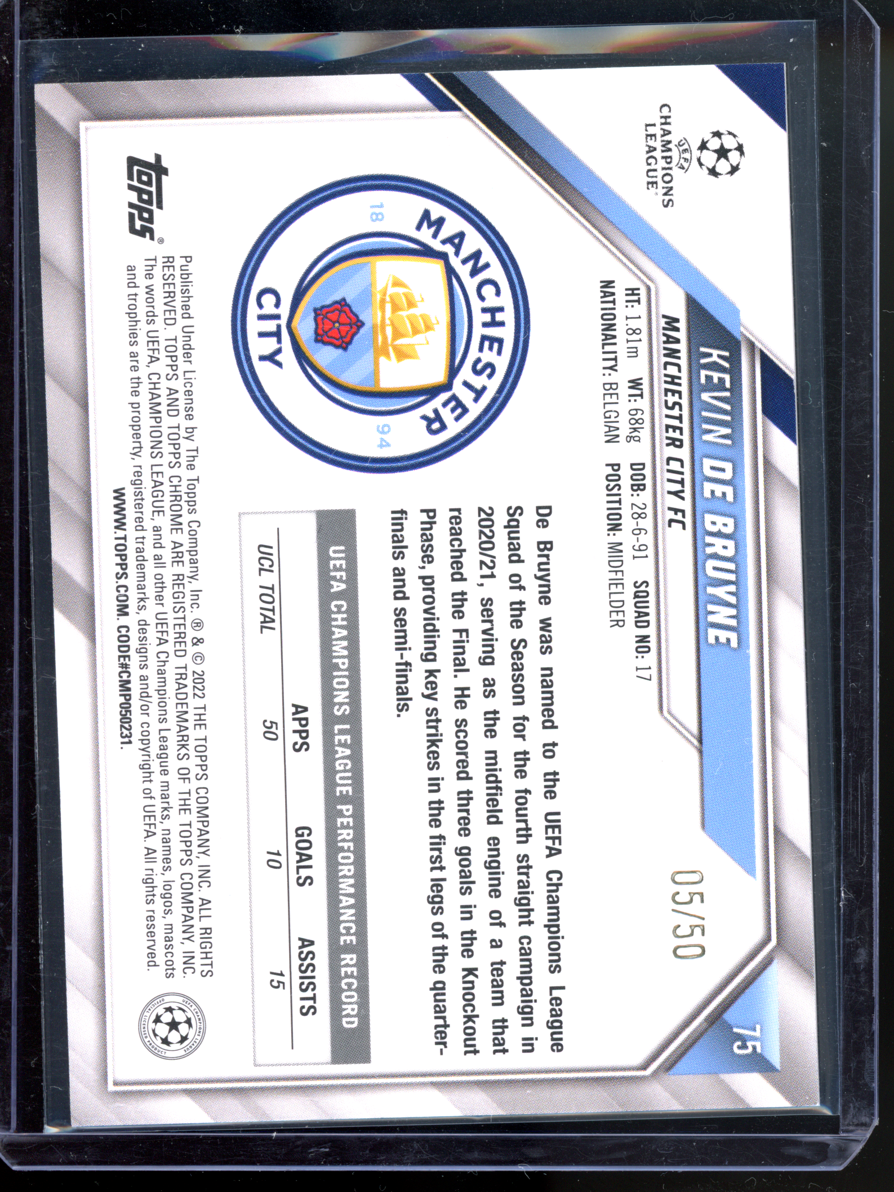 Kevin De Bruyne Gold - Limited to 50 | 2021-22 Chrome UEFA Champions League