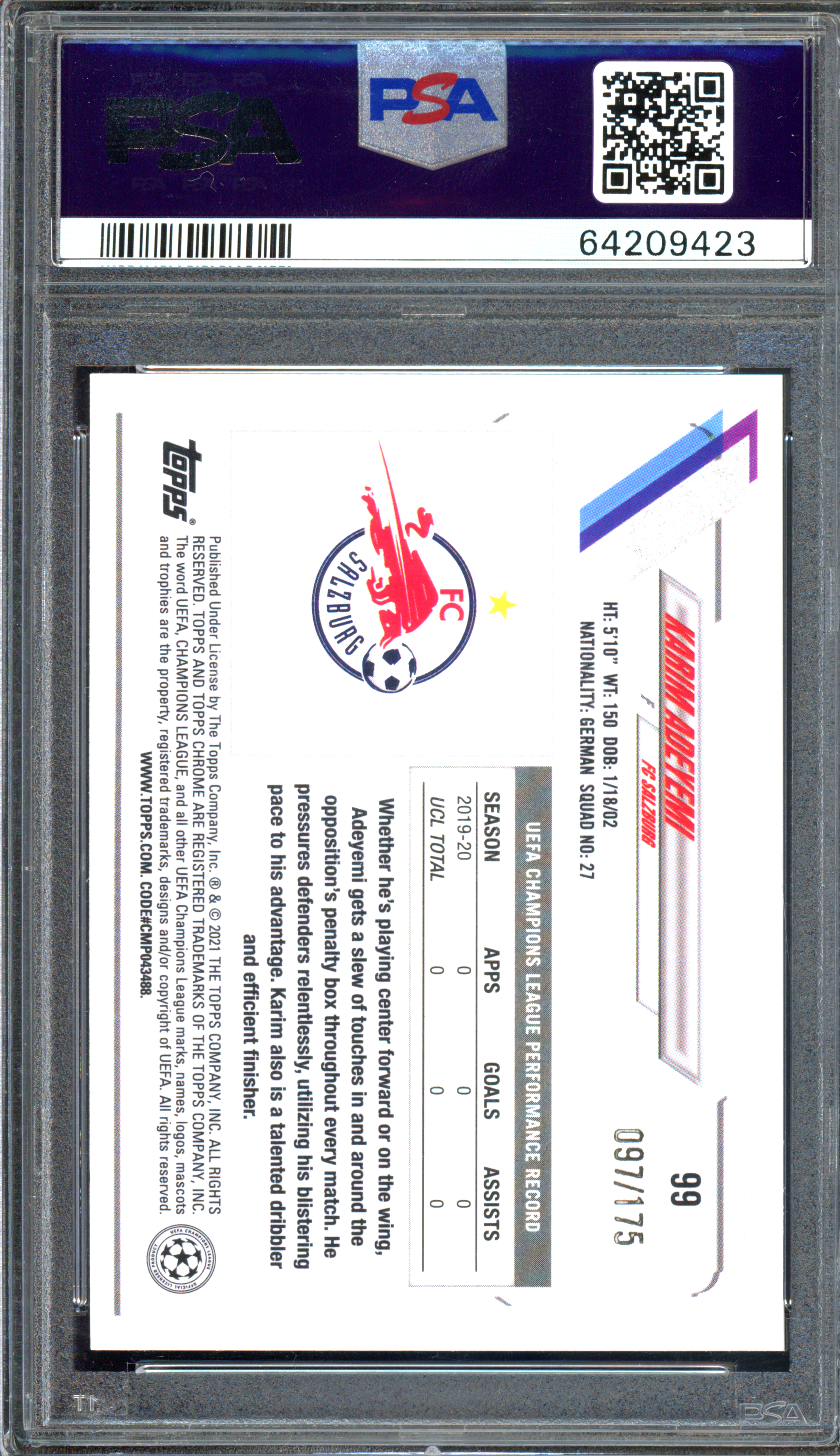 Karim Adeyemi Pink Refractor Rookie PSA 9 - Limited to 175 | 2020-21 Topps Chrome UCL