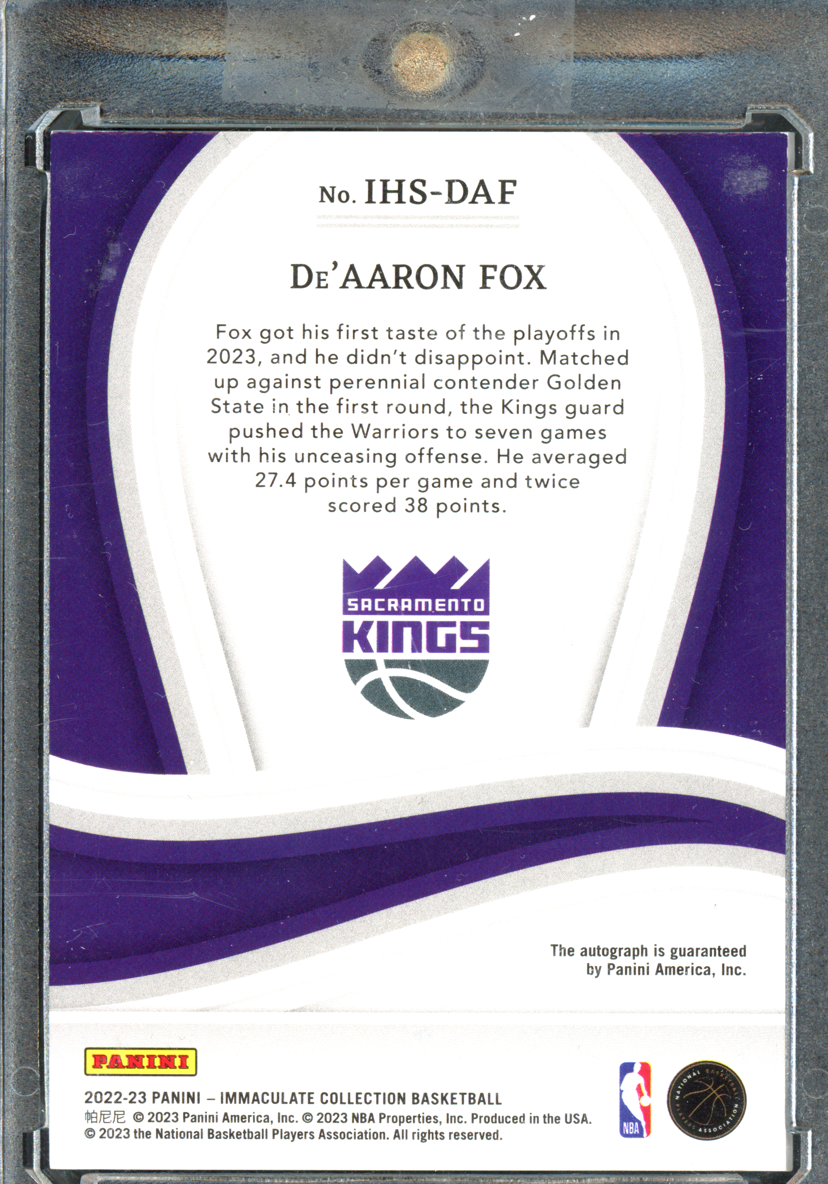 De'Aaron Fox Autograph - Limited to 15 | 2022-23 Panini Immaculate Collection