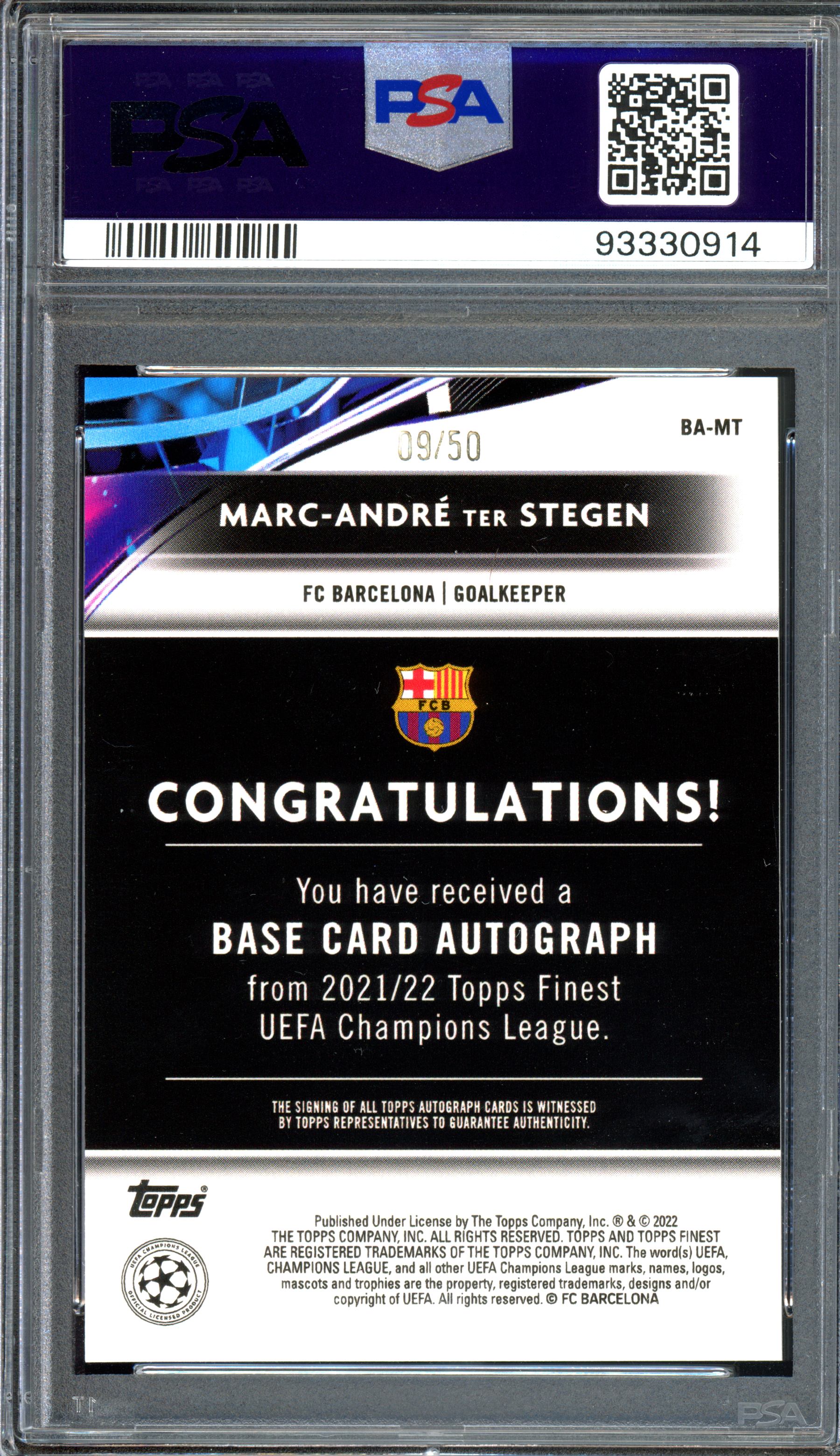 Marc-Andre Ter Stegen Autograph Gold Refractor PSA 10 for Card & Autograph - Limited to 50 | 2021-22 Topps Finest UCL