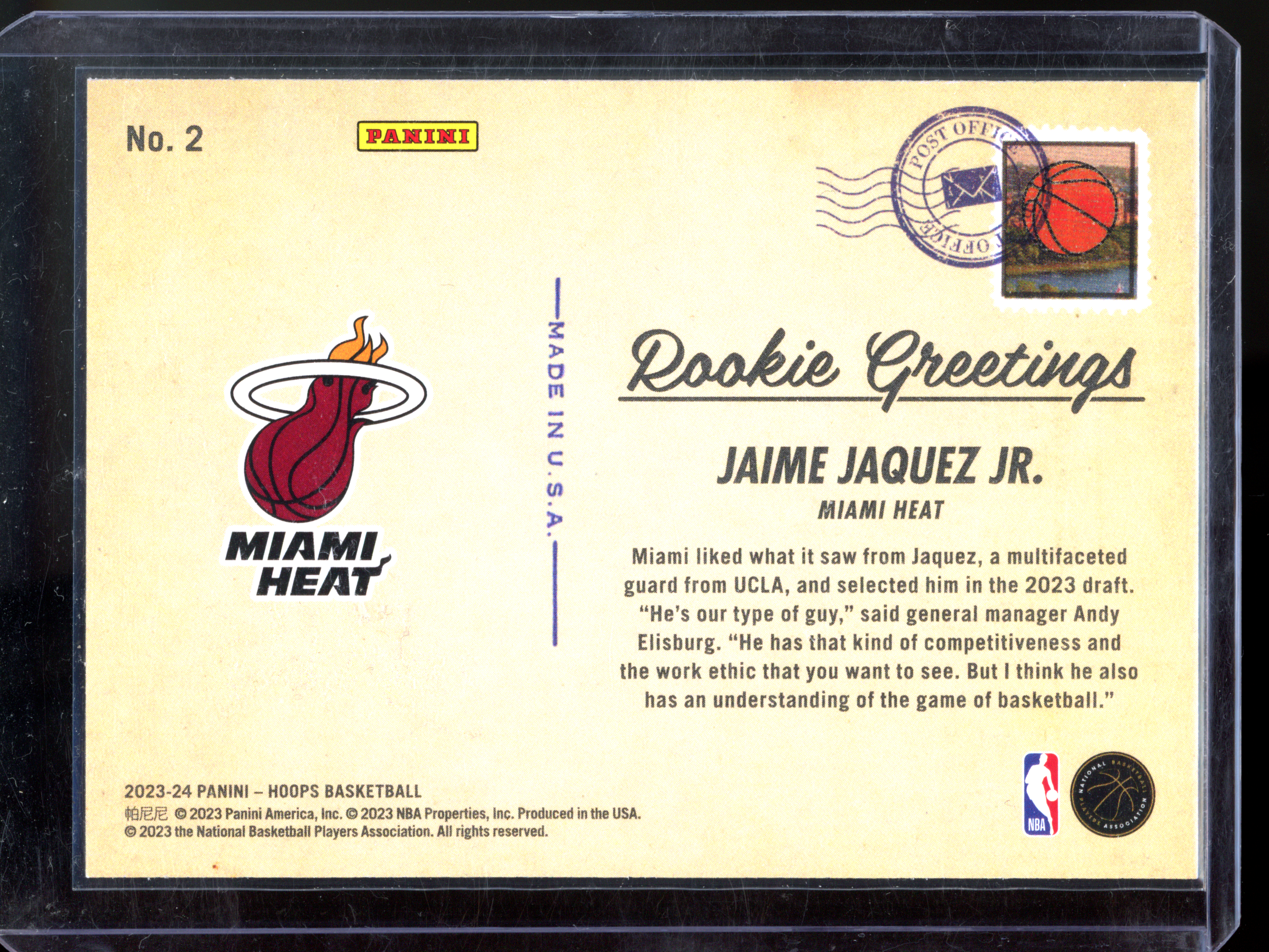 Jaime Jaquez Jr. Greetings from Miami Rookie Card I 2023-24 Panini NBA Hoops