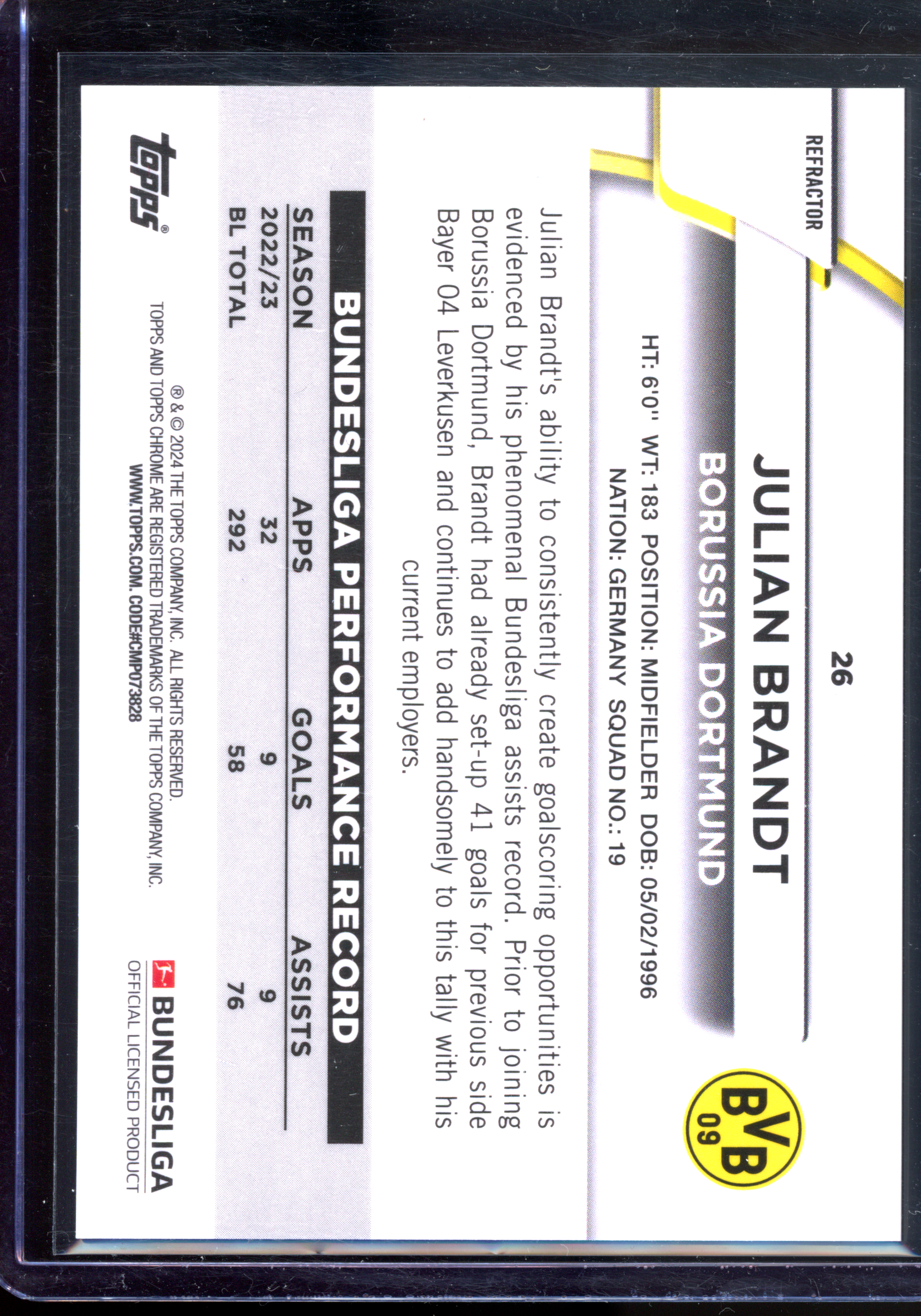 Julian Brandt Purple - Limited to 299 | 2024 Topps Chrome Bundesliga
