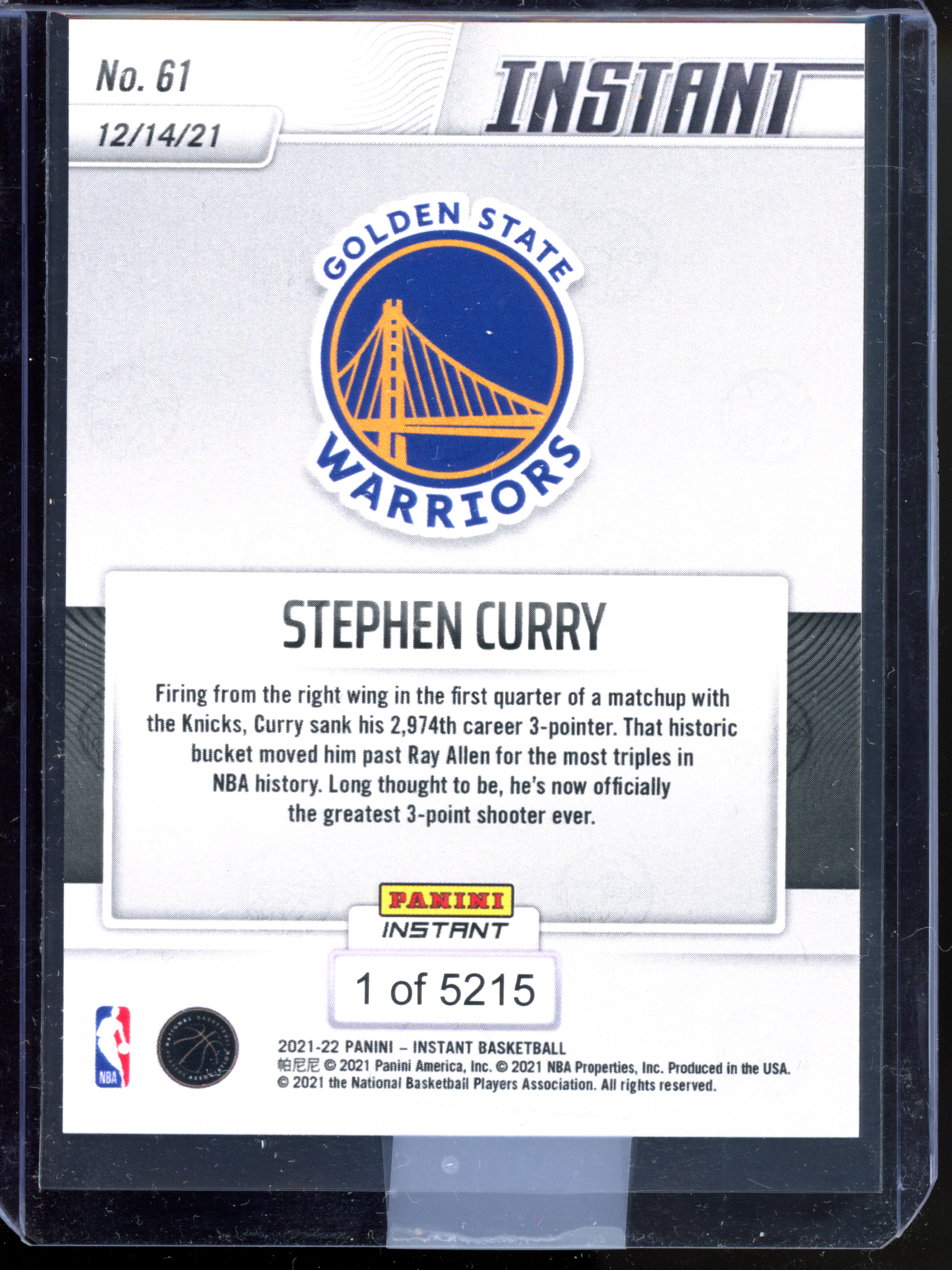 Stephen Curry All-Time 3-Point Leader - Limited to 5215 | 2021-22 Panini Instant