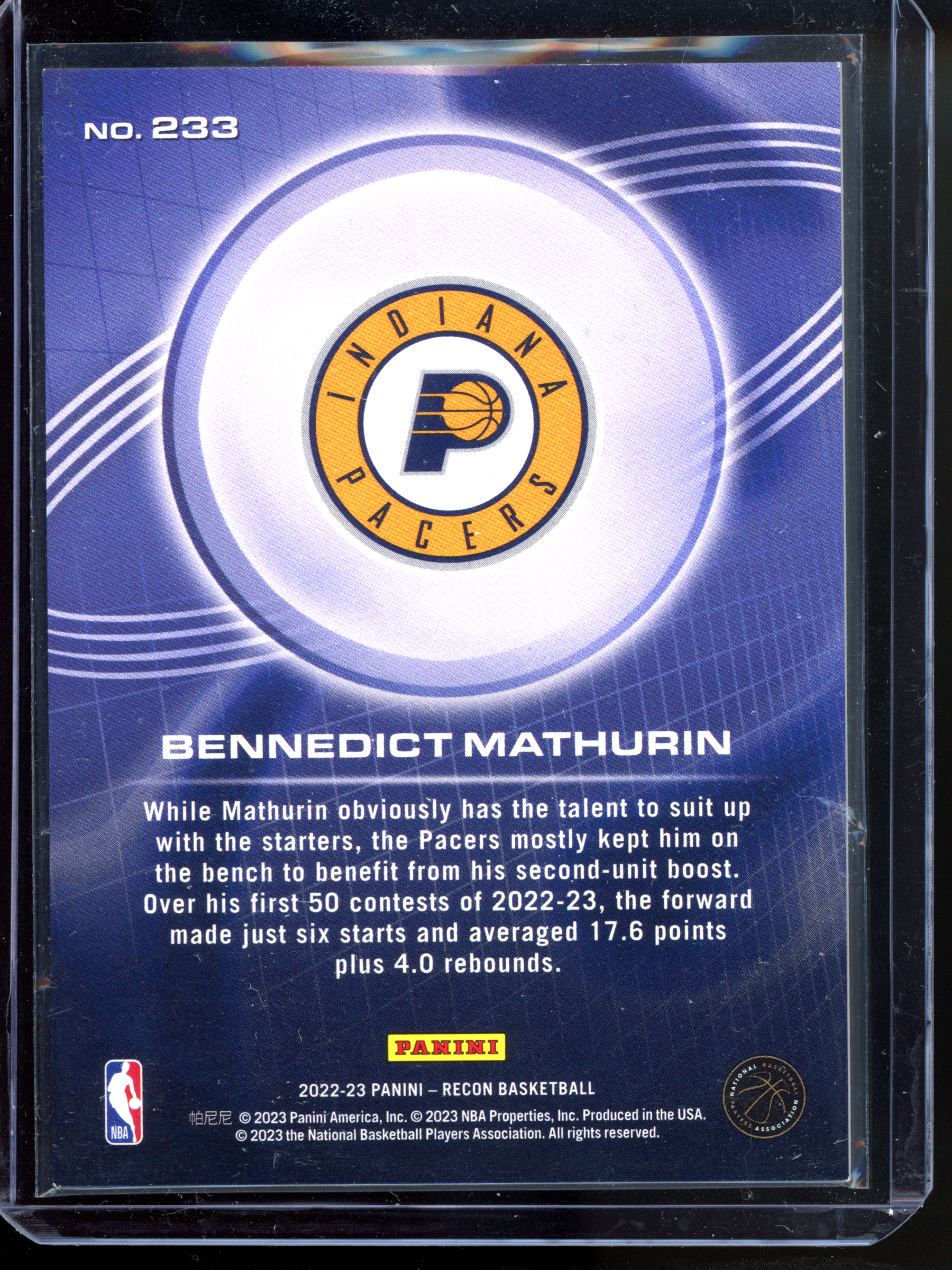 Benedict Mathurin Rookie - Limited to 299 | 2022-23 Panini Recon