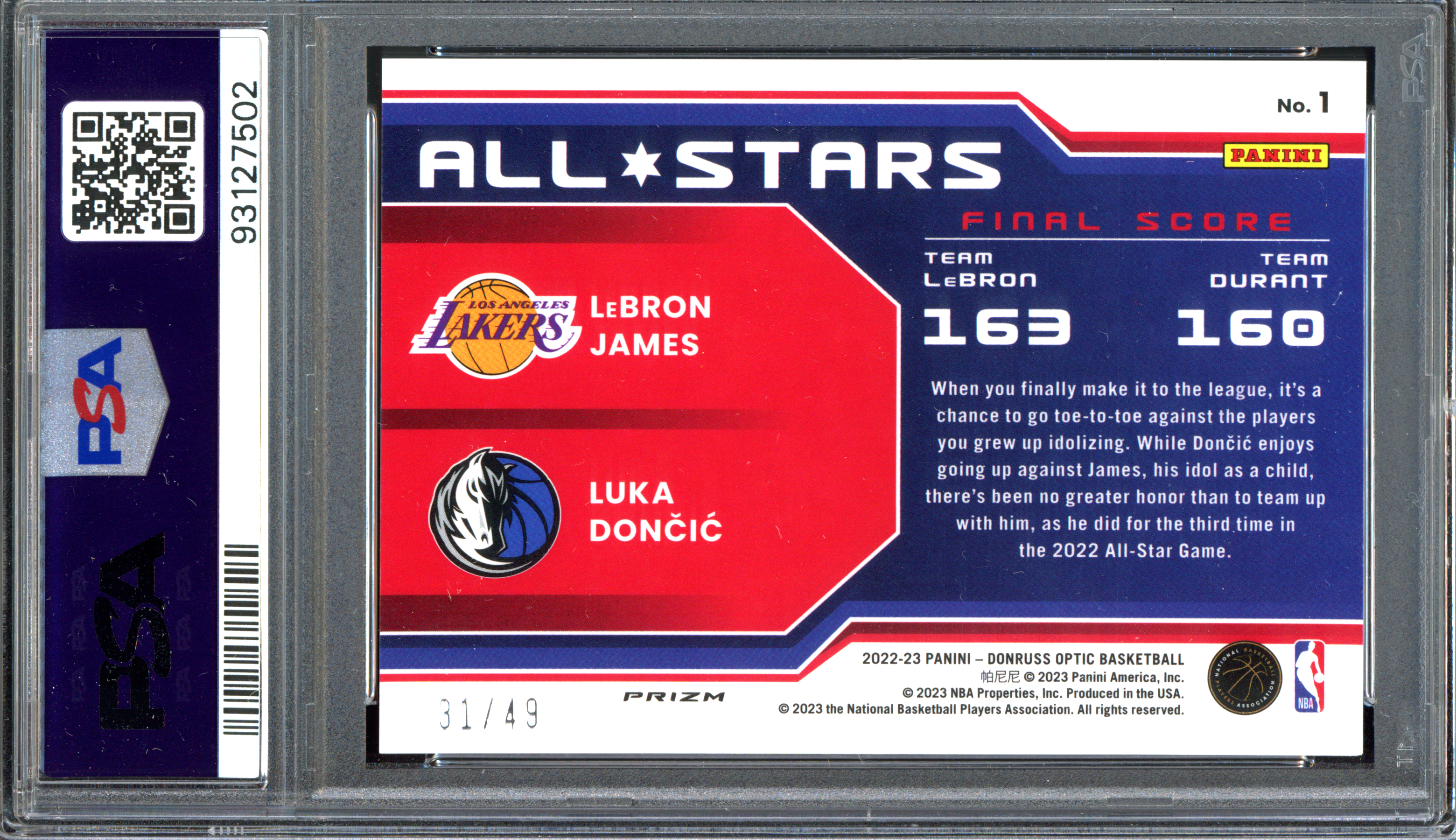LeBron James &amp; Luka Doncic All-Stars Blue PSA 9 - Limited to 49 I 2022-23 Panini Donruss Optic