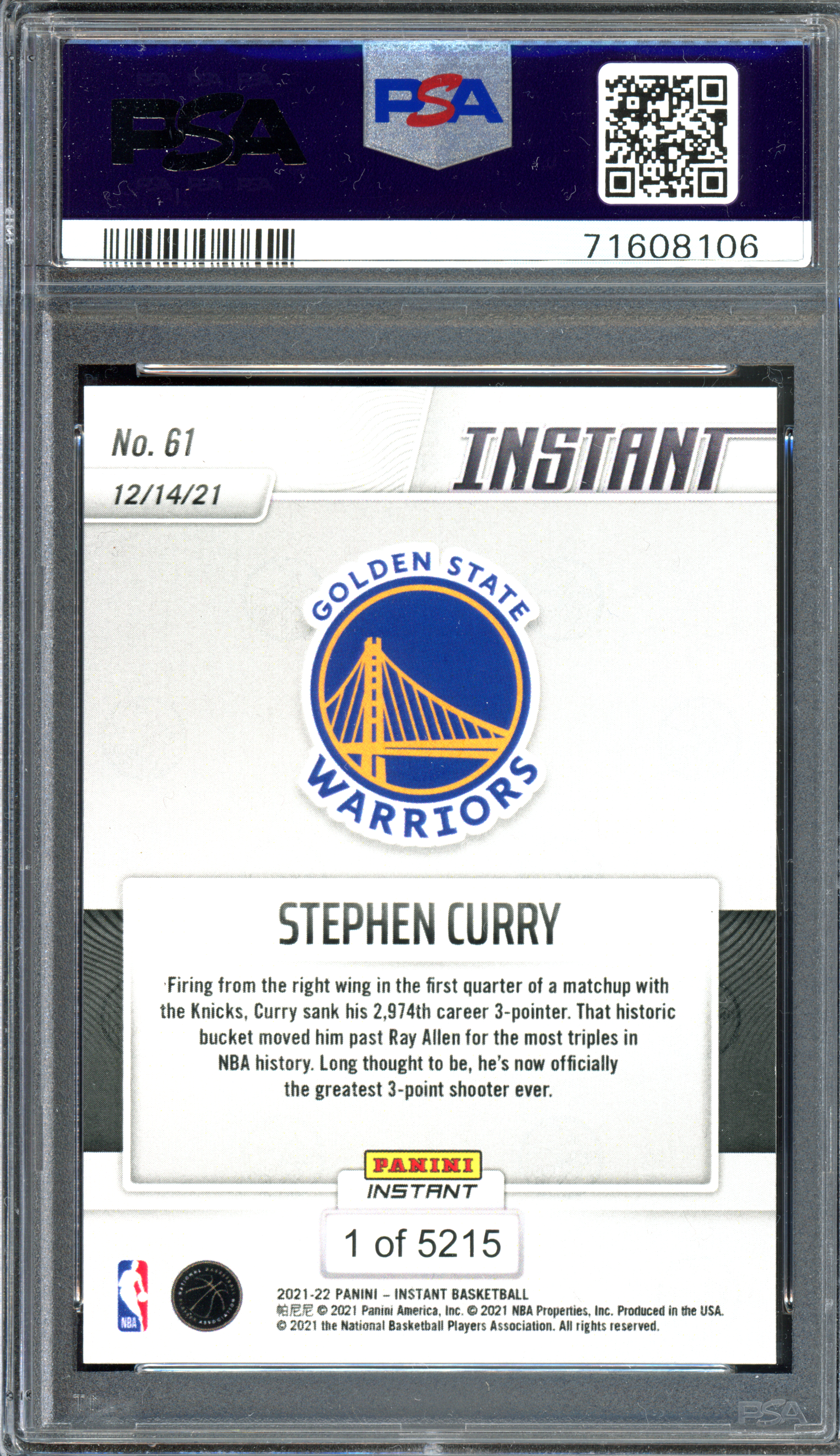 Stephen Curry Record Breaker NBA All-Time 3-Point Leader PSA 10 - Limited to 5215 | 2021-22 Panini Instant
