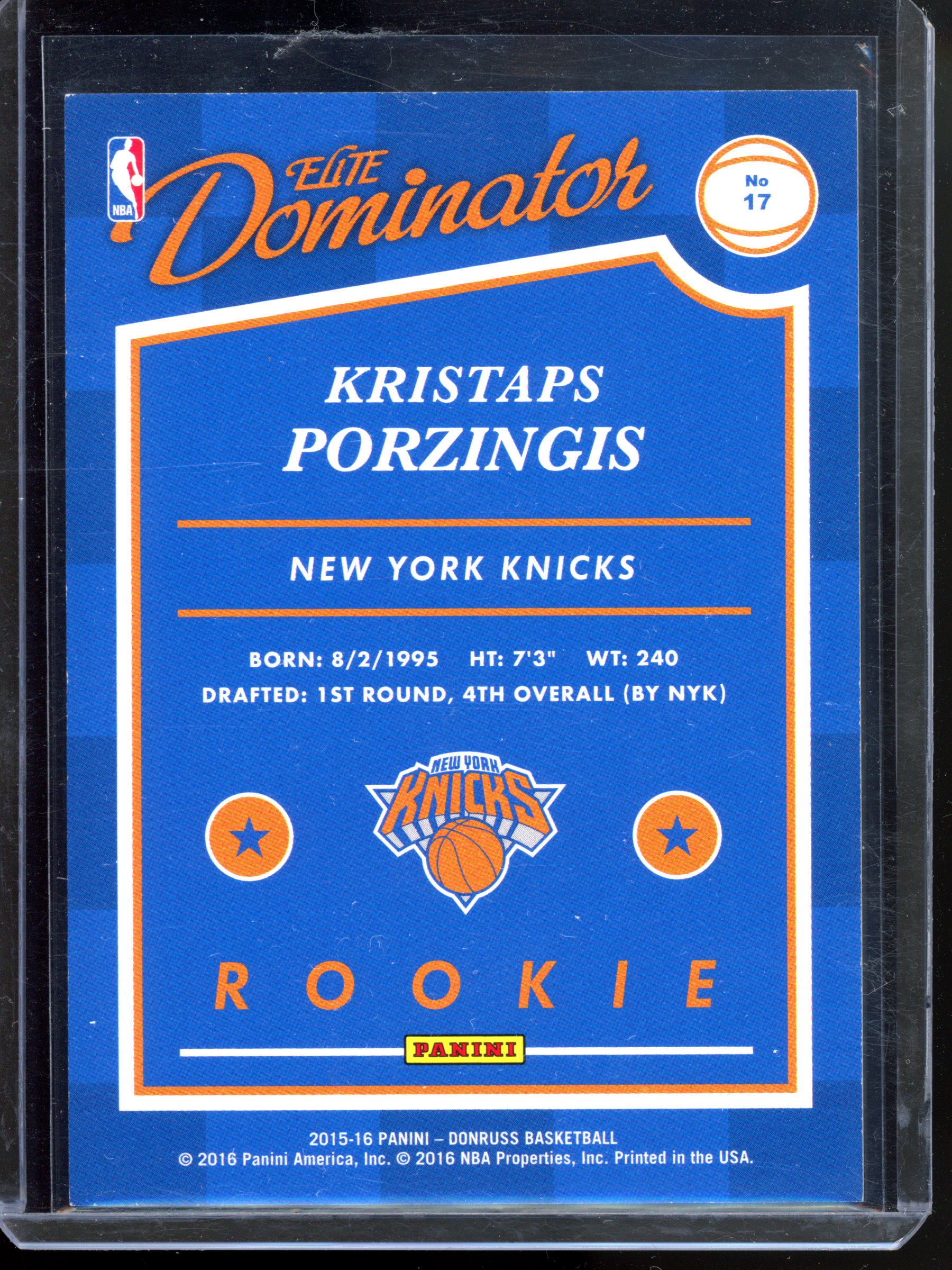 Kristaps Porzingis Elite Dominator Rookie - Limited to 999 | 2015-16 Panini Donruss