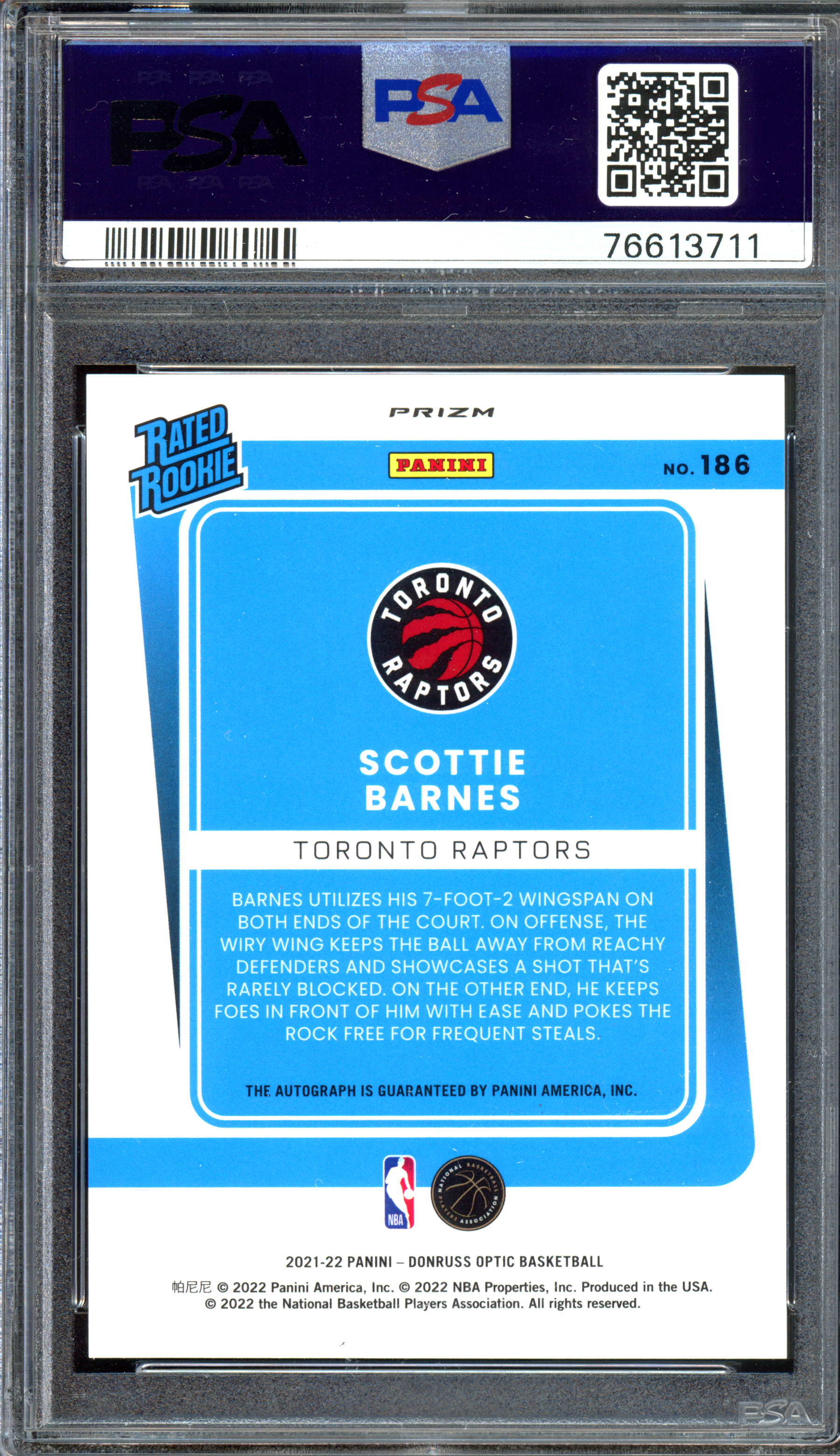Scottie Barnes Autograph Fast Break Rookie - PSA 9 with Autograph Rating 10 I 2021-22 Panini Donruss Optic