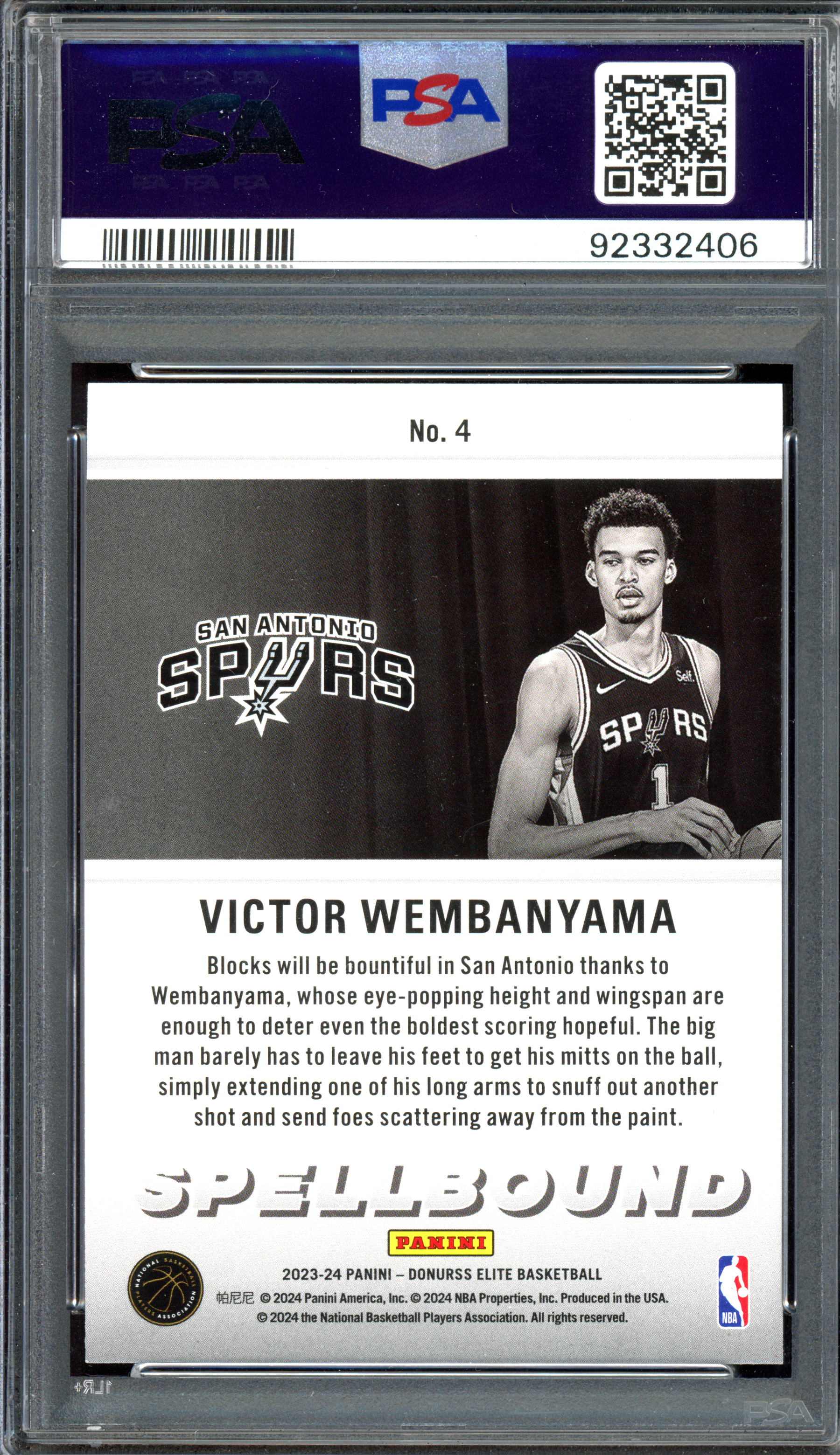 Victor Wembanyama Spellbound Rookie Card PSA 9 I 2023-24 Panini Donruss Elite