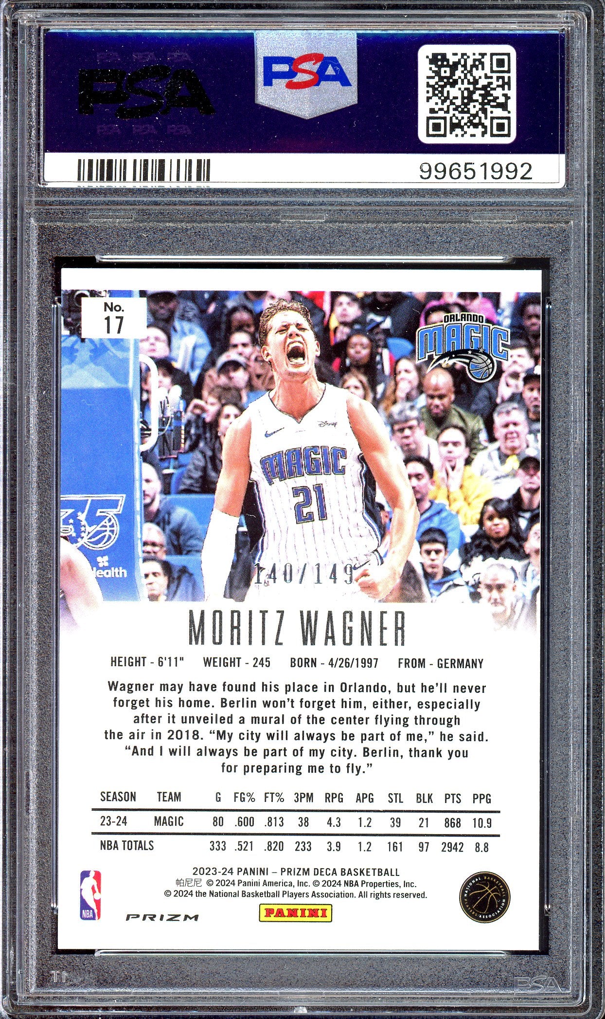 Moritz Wagner Blue - Limited to 149 - PSA 10 - 2023-24 Panini Prizm Deca