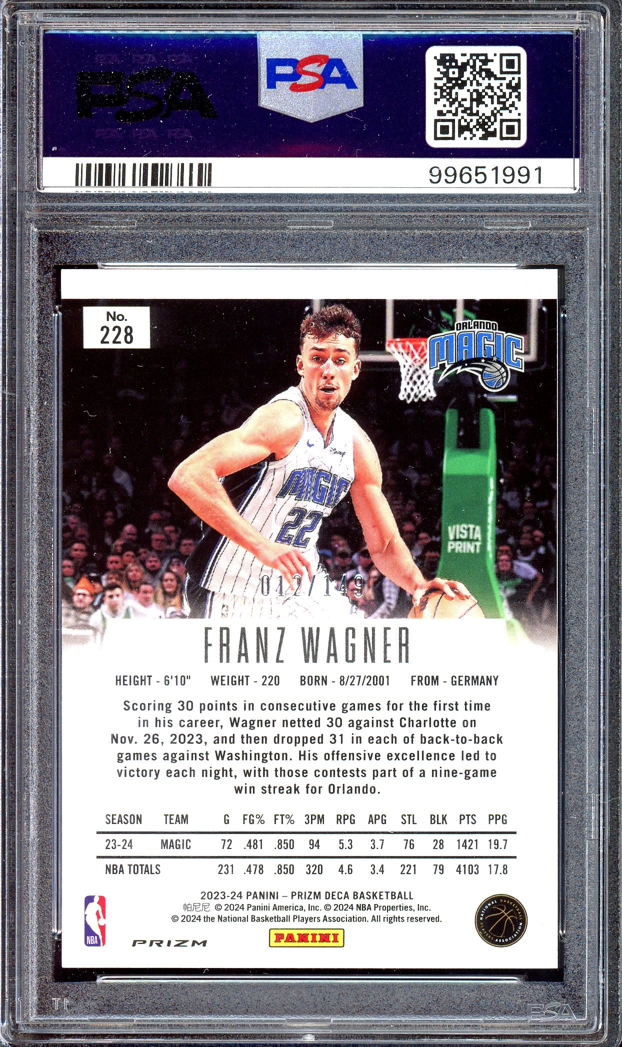 Franz Wagner Blue - Limited to 149 - PSA 10 - 2023-24 Panini Prizm Deca