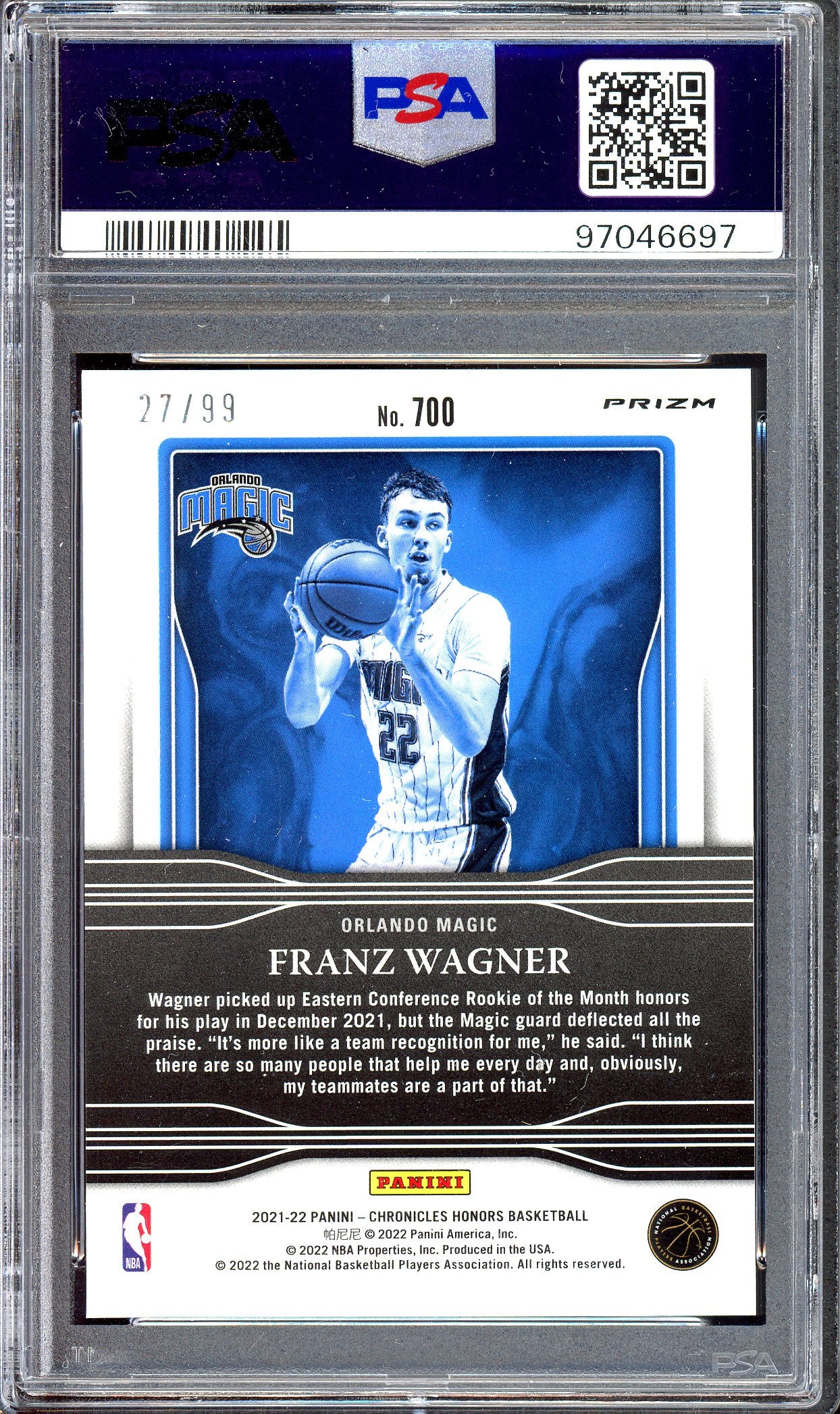Franz Wagner Blue Rookie - Limited to 99 - PSA 10 - 2021 Panini Chronicles Honors